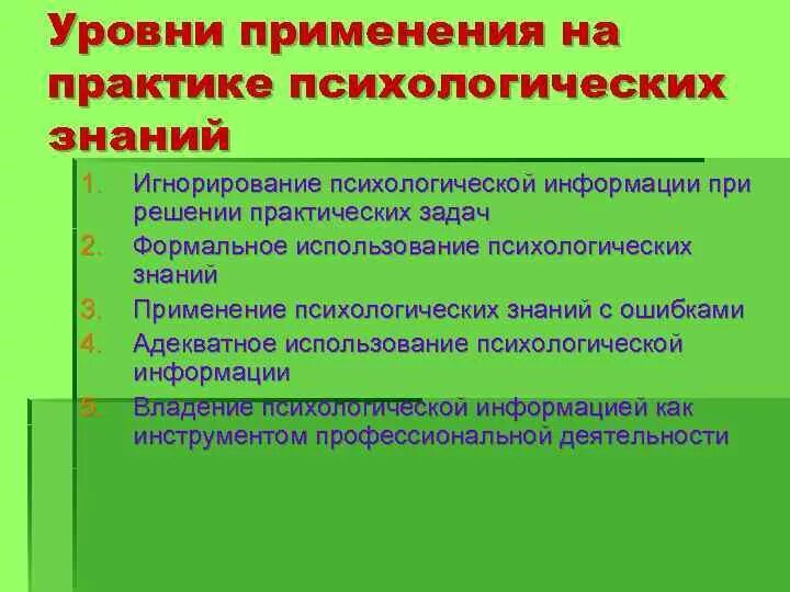 Использование психологической информации. Роль психологических знаний в профессиональной деятельности. Значение психологических знаний. Психологические знания в профессиональной деятельности. Применение знаний на практике.