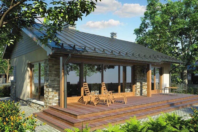 садовый домик с террасой. открытая угловая веранда. открытая терраса. терраса под общей крышей.