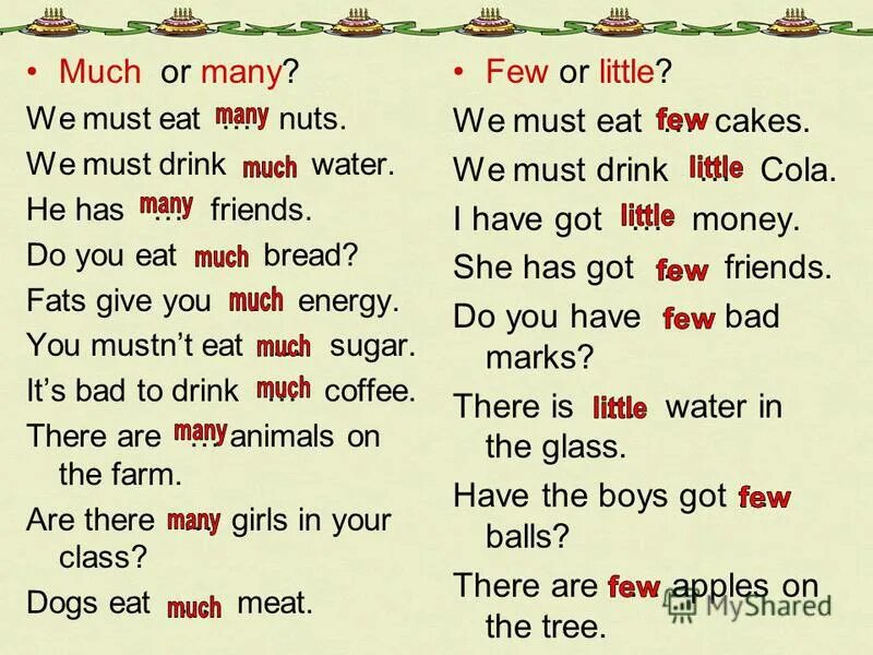 Much many примеры предложений. Употребление much many few little. Предложения с some any much many. Much many few little правило.