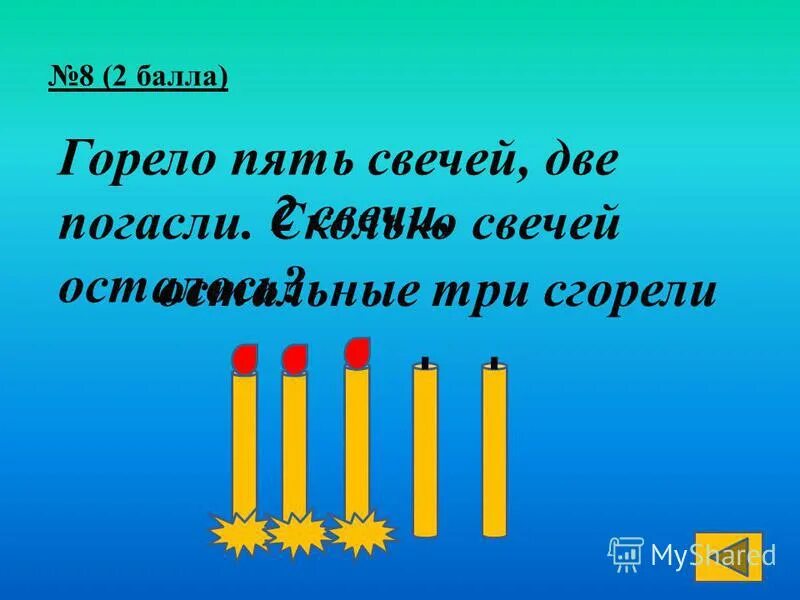 Горело семь свечей две потухли сколько осталось. 7 Свечей горело 2 погасло сколько свечей осталось. Горело 7 свечей 2 потухло. Горели 5 свечей две погасли сколько свечей осталось. Горело 5 свечей 2 погасли.