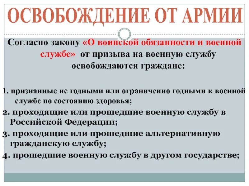 Граждане освобождаемые от военной обязанности. Освобождение от службы. Кто освобождается от воинской обязанности. От военной службы освобождаются. Освобождение от воинской службы.