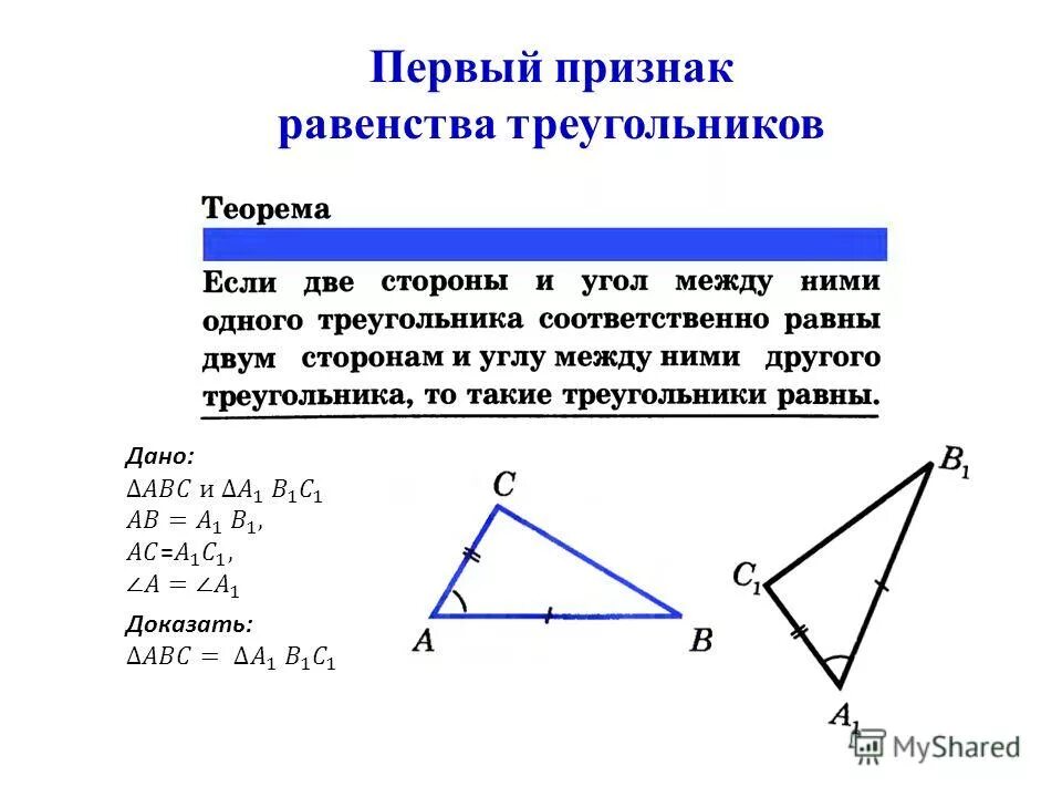 Первый признак равенства. 1 Признак равенства треугольников. Доказательство теоремы первого признака равенства треугольников. Теорема признаки равенства треугольников 1 признак. Доказательство теоремы первый признак равенства треугольников.