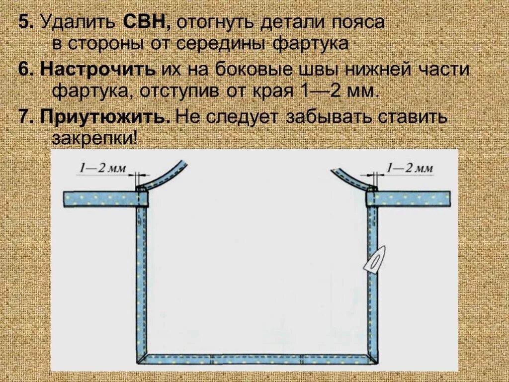 Обработка боковых срезов фартука 5 класс. Обработка Нижнего среза фартука 5 класс технология. Обработка боковых и Нижнего среза фартука. Технология изготовления цельнокроеного фартука.