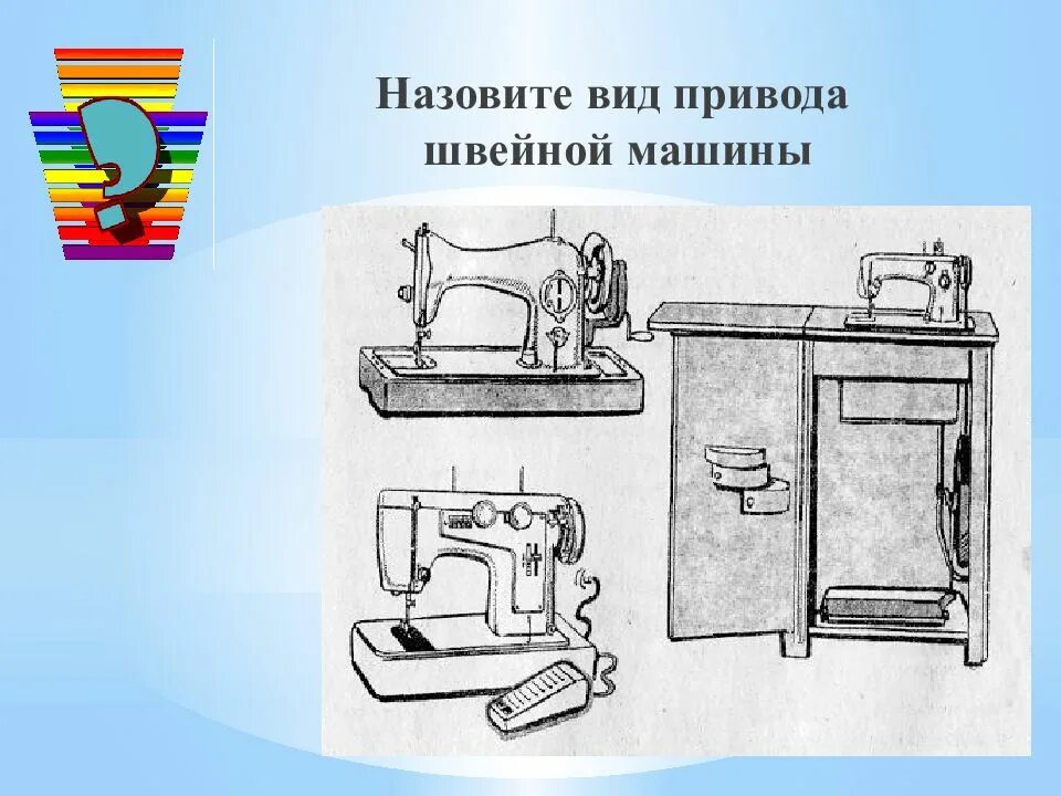 Швейная машинка презентация. Виды приводов швейной машины. Швейная машинка 5 класс технология. Швейная машина презентация. Приводы швейной машины 5 класс.