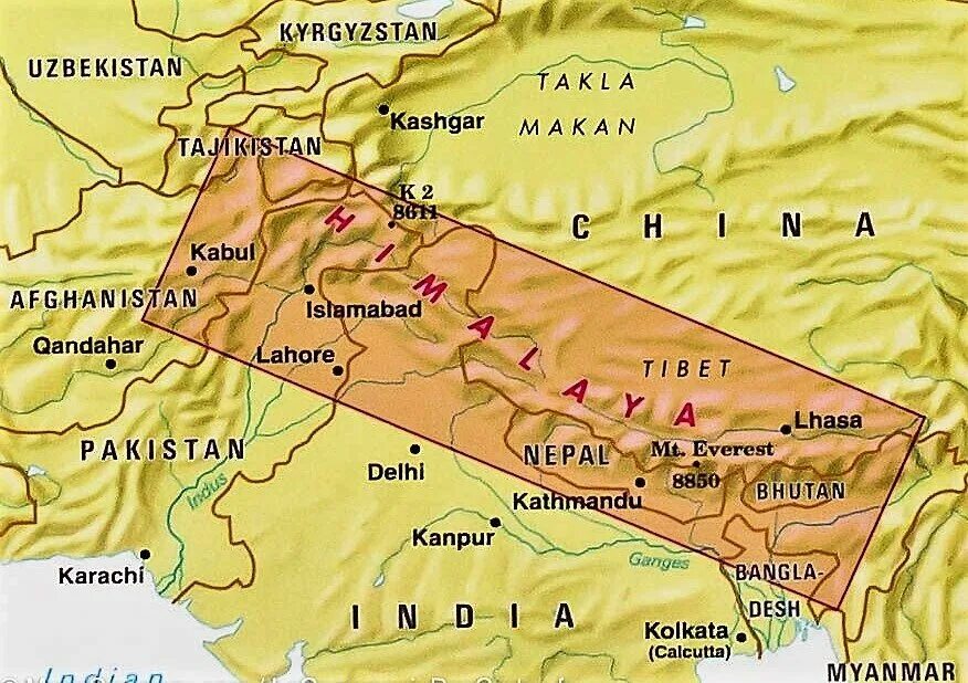 Эверест в какой стране находится на карте. Гималаи карта хребтов. Гималаи границы на карте. Гималайские горы расположение на карте. Горы Гималаи на карте.