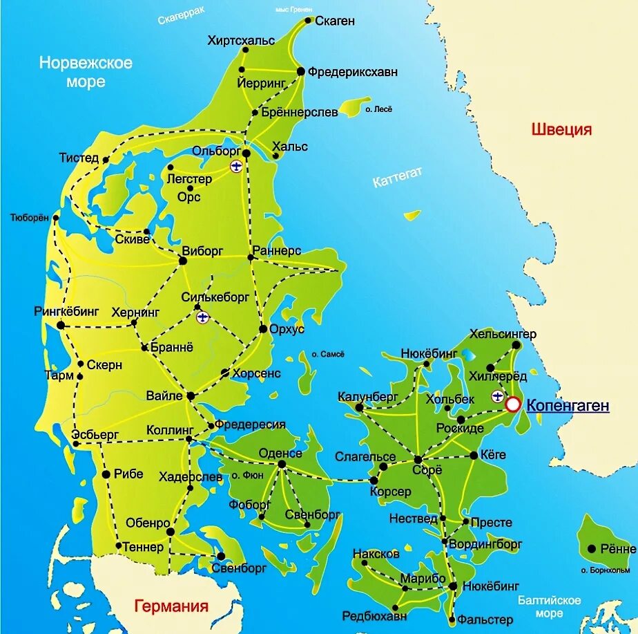 Карта Дании на русском языке с городами подробная. Географическая карта Дании. Картф