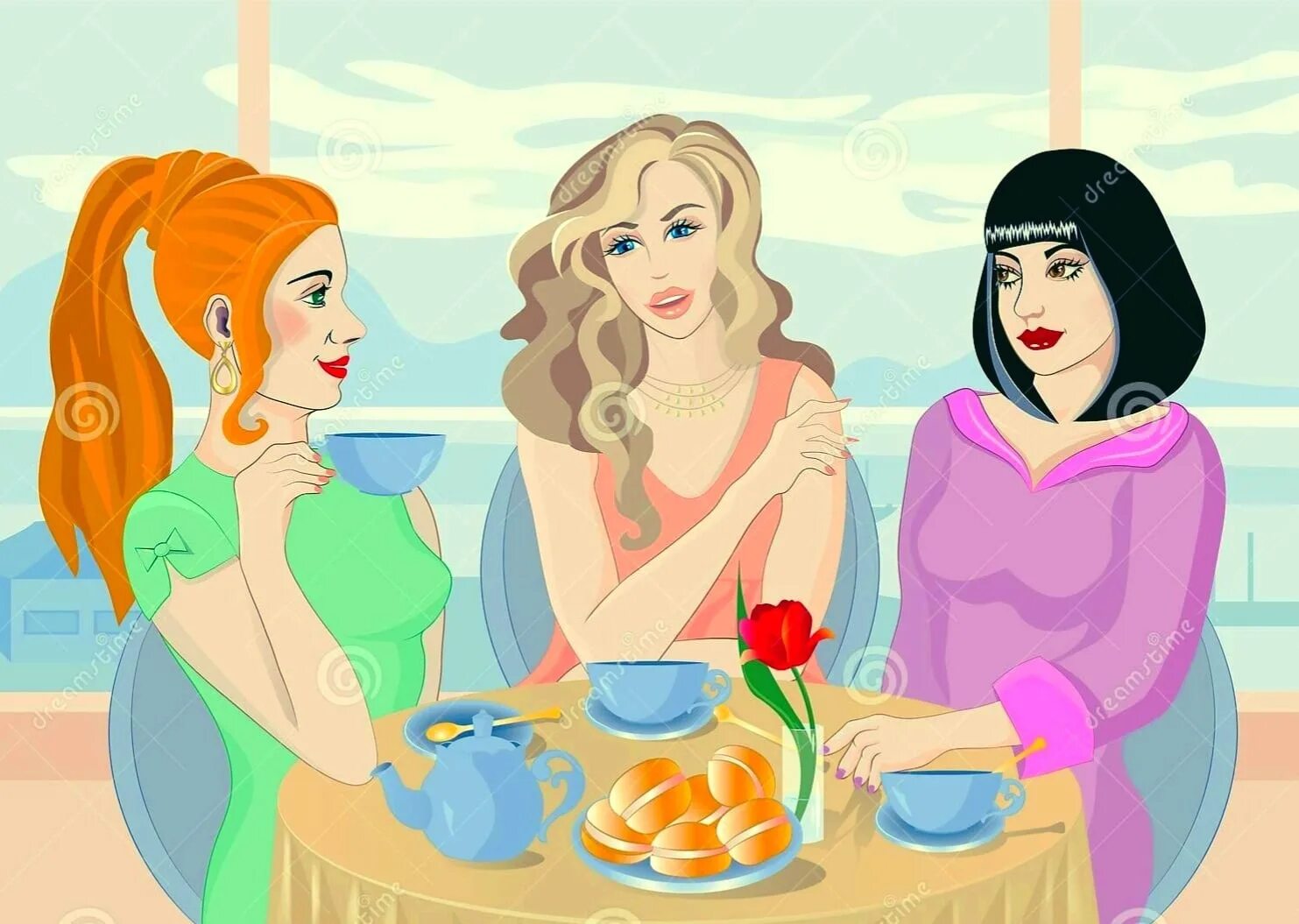 Еду сестру маму. Чаепитие с подружками. Три девушки за столом. Три подружки в кафе. Иллюстрации подружки в кафе.