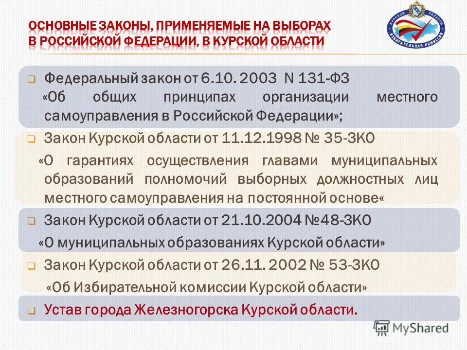 Фз 131 глава муниципального образования. Закон Курской области. Закон об основных гарантиях. Закон Курской области о муниципальной службе. Избирательная комиссия Курской области.