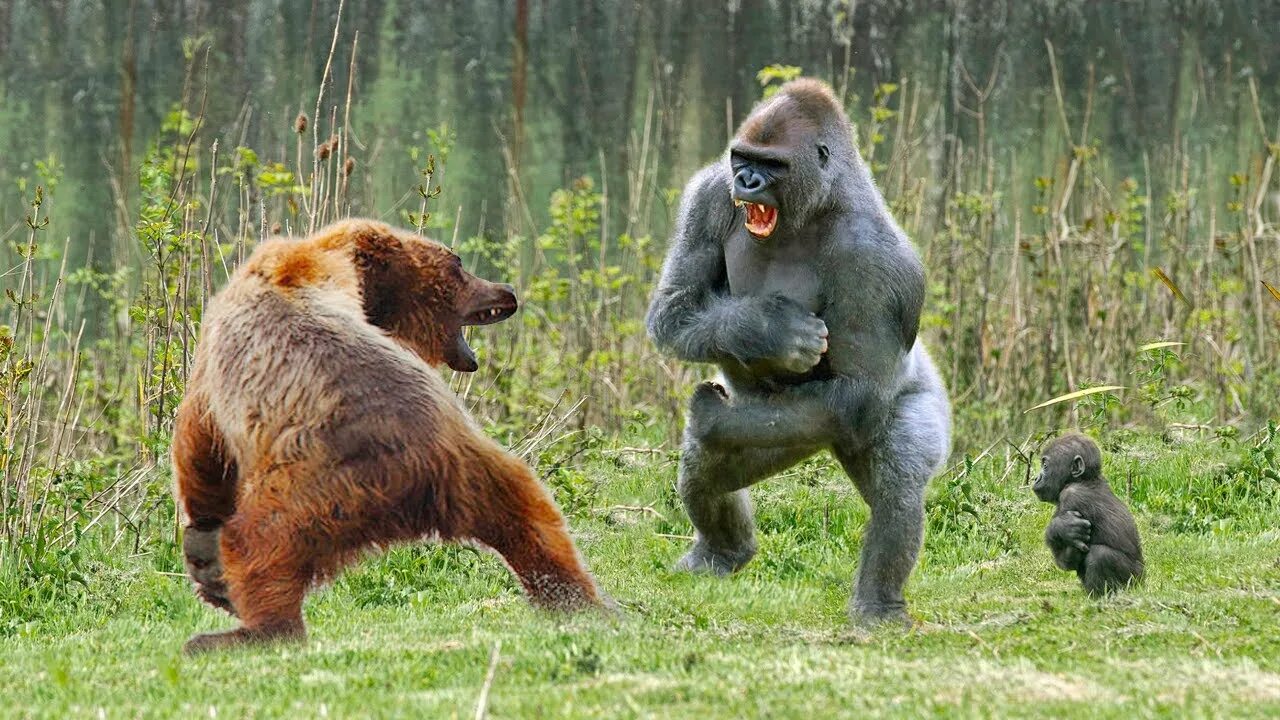 Кто сильнее медведь или горилла. Горилла vs медведь. Медведь Гризли против Льва. Горилла против Гризли. Драка горилл.