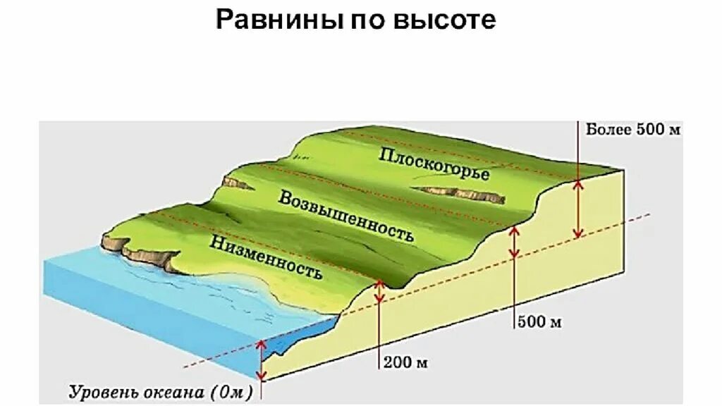 Как называются колебания земной поверхности. Классификация равнин по высоте. Различие равнин по высоте. Низменности возвышенности Плоскогорья. Высота равнин.