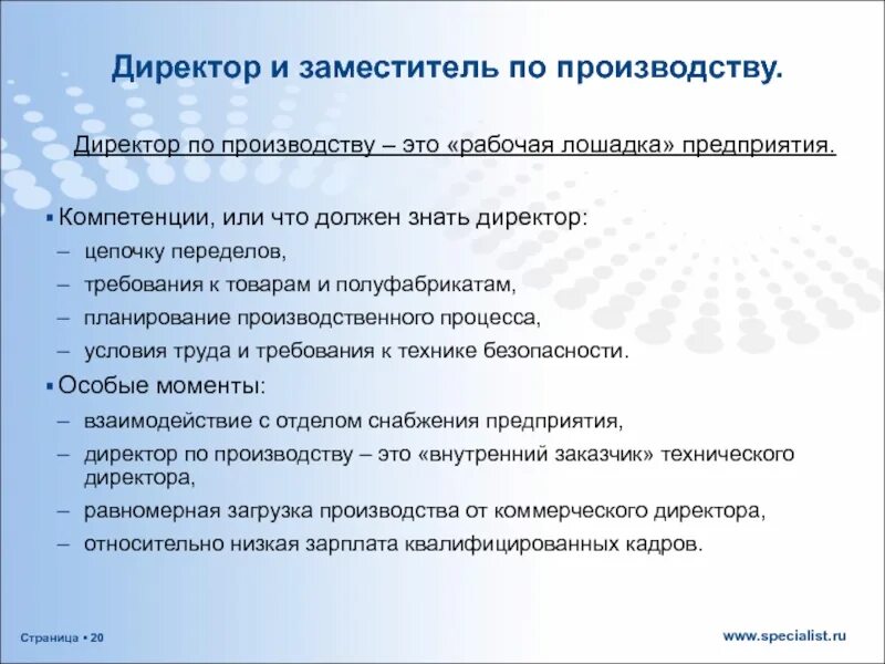 Заместитель директора производства. Зам. Дир. по производству. Помощник директора по производству. Требования к начальнику производства.