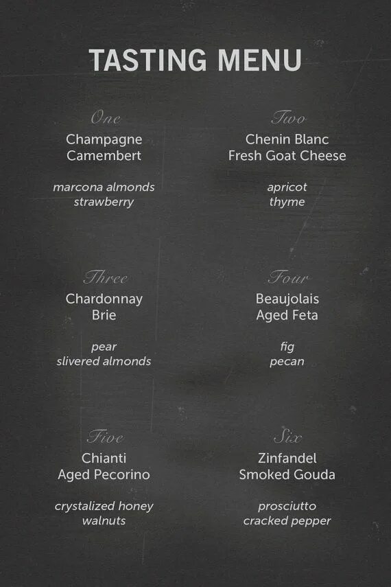 Tasting menu. Tasty menu. Cheese menu.