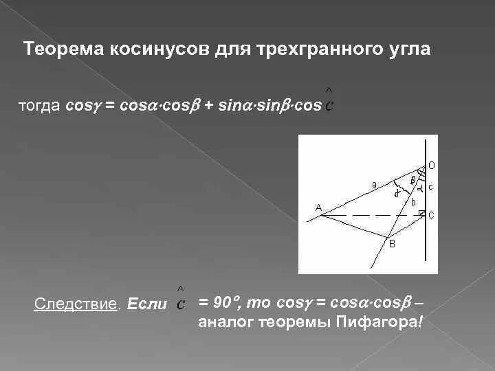 Теорема косинусов для трехгранного угла. Трехгранный угол теорема. Теорема синусов и косинусов для трехгранного угла.