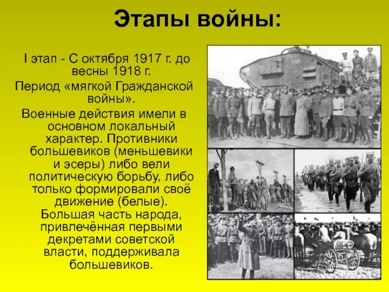 Первая фаза войны: октябрь 1917 – ноябрь 1918. Противники Большевиков в гражданской войне.