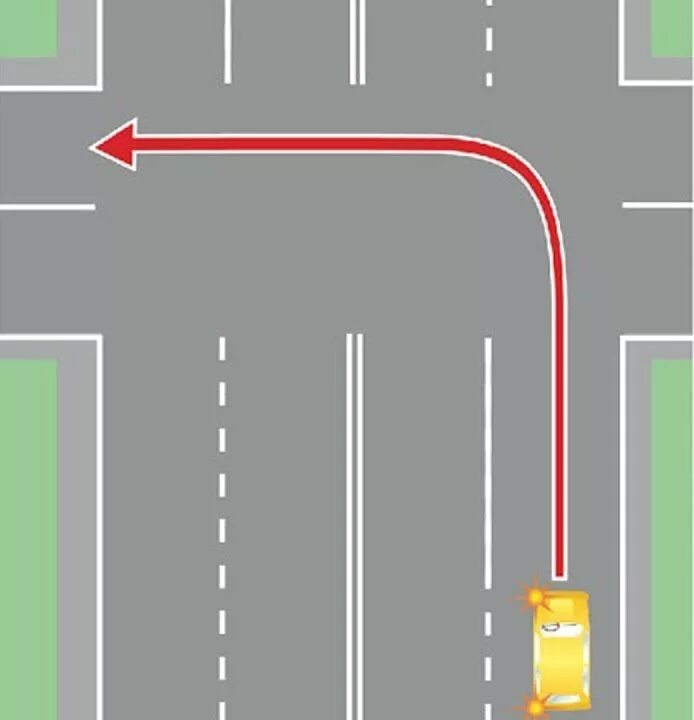 Поворот налево с правой полосы. Поворот на перекрестке. Поворот налево с правой полосы на перекрестке. Поворот налево в крайнюю левую полосу.
