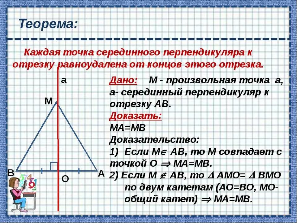 Серединным перпендикуляром называется прямая проходящая через. Каждая точка серединного перпендикуляра к отрезку. Каждая точка серединного перпендикуляра к отрезку равноудалена. Теорема о серединном перпендикуляре 8 класс. Точка перпендикуляре к отрезку равноудалена от концов этого отрезка.