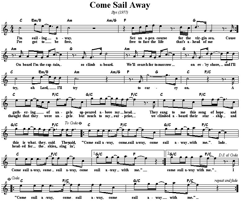 Away песня на русском. Sail away Ноты. Styx come Sail away Ноты для фортепиано. Styx – come Sail away Ноты. Come Sail away Ноты.