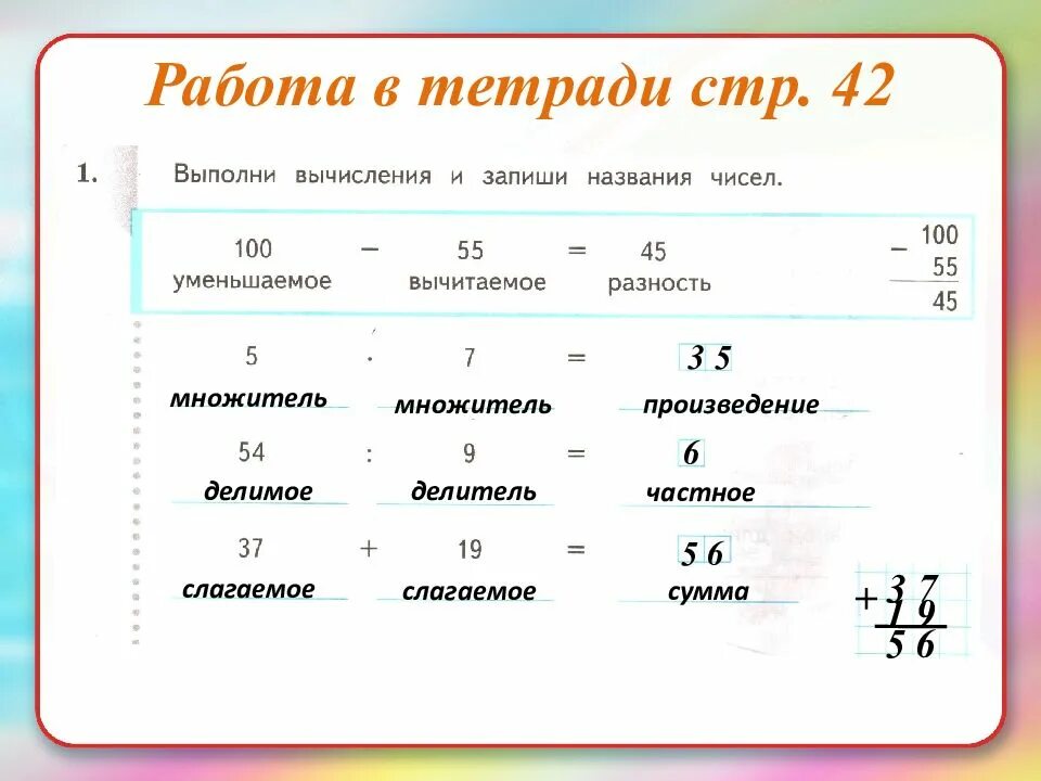 Запишите слова названия чисел. Название чисел в записях действий. Таблица названия чисел в записях действий.