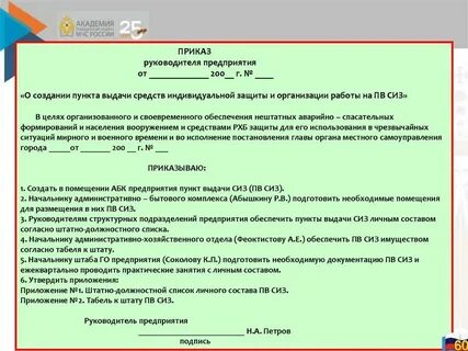 Образец приказа об обеспечении сиз