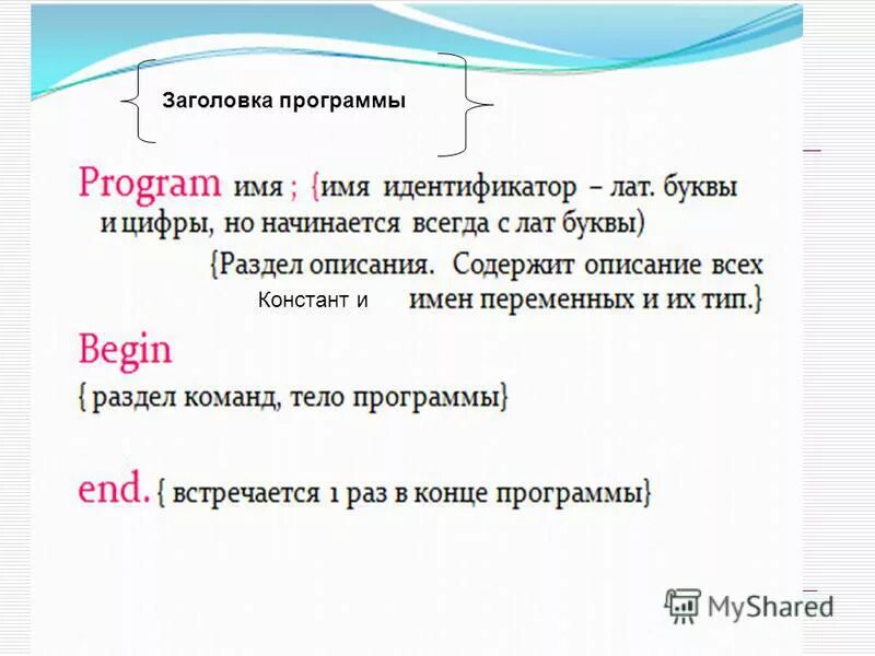 Линейные программы. Заголовок программы. Заголовок приложения. Структурные разделы программы;. Заголовок программы раздел описания переменных.
