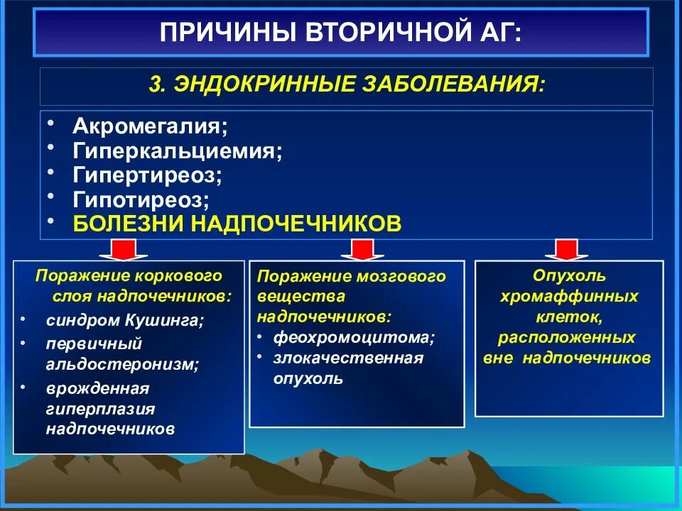 Эндокринные заболевания причины. Причины развития эндокринных гипертензий. Причины вторичной гипертонической болезни. АГ при эндокринных заболеваниях. Вторичные эндокринные артериальные гипертензии.