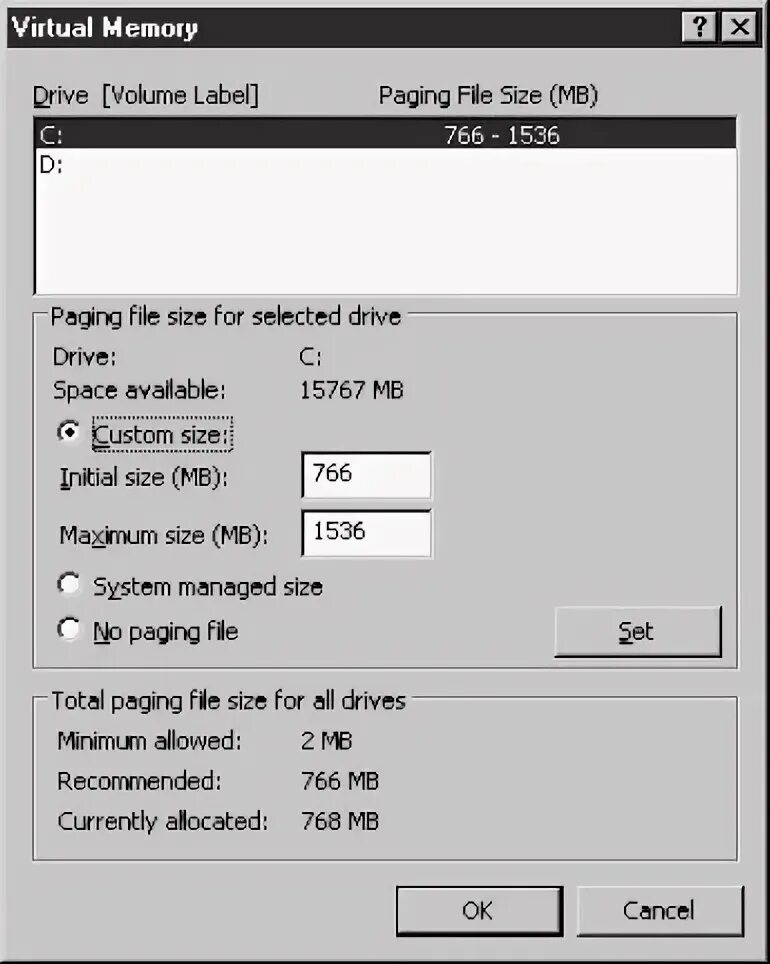 Paging file size. Виртуаль окна. paging file. nts configuration.