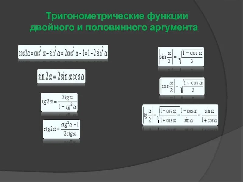 Тригонометрические функции двойного. Тригонометрические функции двойного аргумента. Тригонометрические функции половинного аргумента. Тригонометрические функции двойного и половинного аргумента. Формулы половинного аргумента.