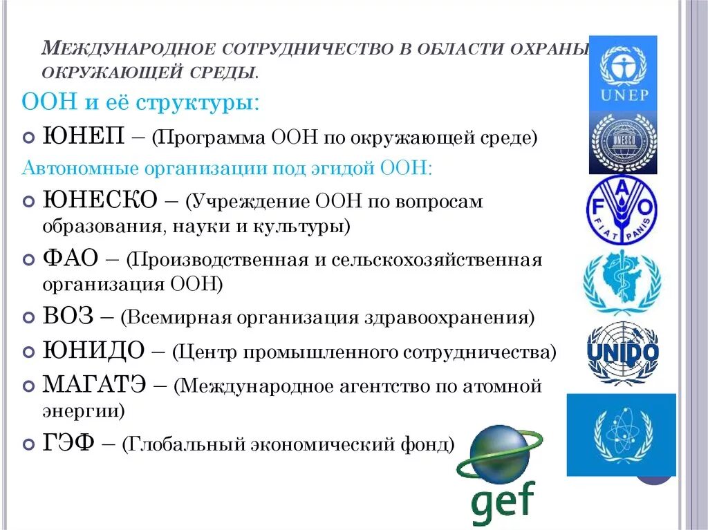 Отрасли международной организации. Международные организации охраны окружающей среды. Специализированные учреждения ООН В сфере охраны окружающей среды:. Международные организации по защите окружающей среды. Международное сотрудничество в области охраны окружающей среды.