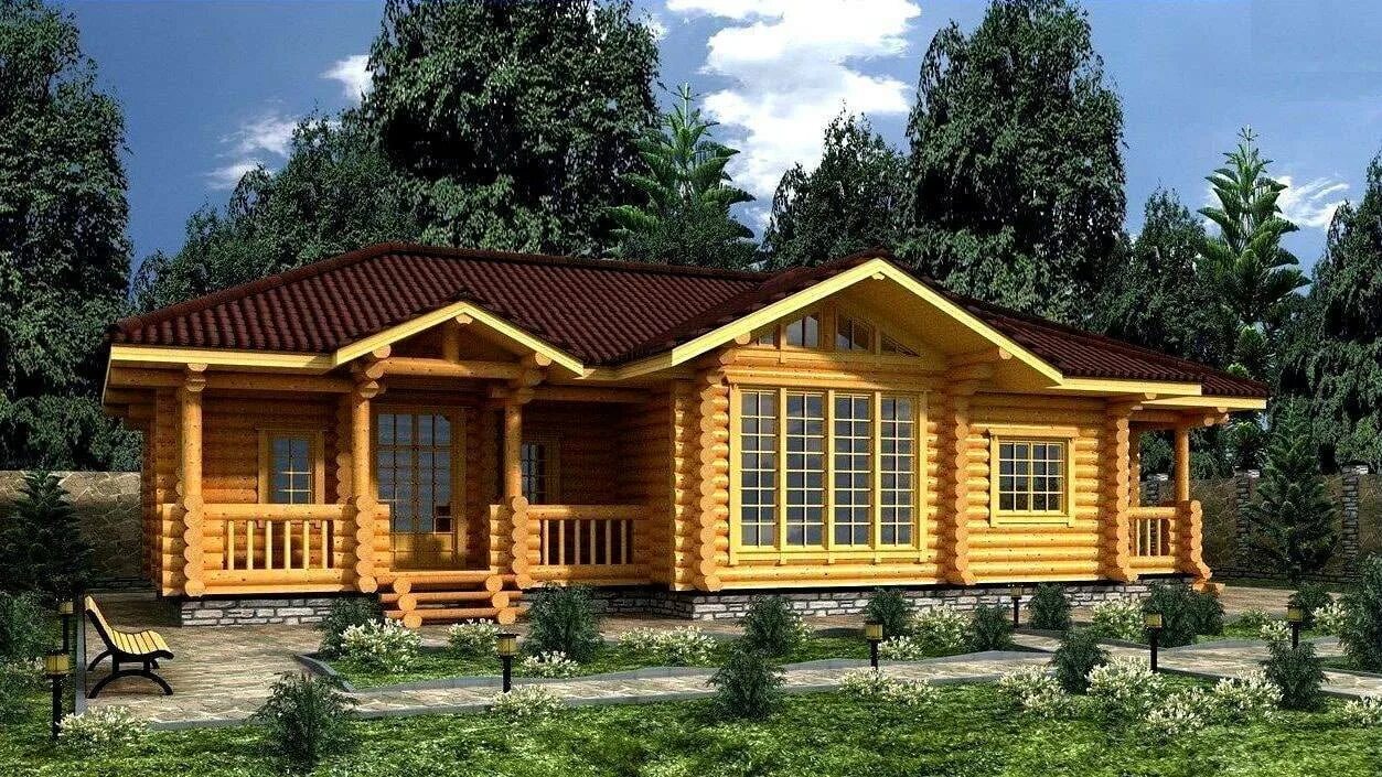 Проект дома из бревна одноэтажный 100 кв. Домокомплекты из оцилиндрованного бревна. шале из оцилиндрованного бревна до 100 кв.м. одноэтажный дом из оцилиндрованного бревна 200 кв.м. дом-баня из бревна под ключ 100м2.
