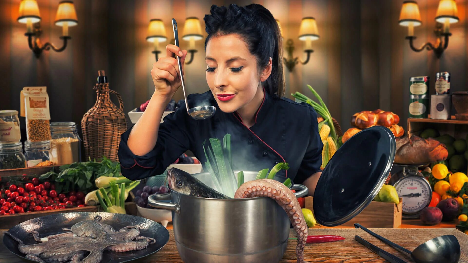 Хозяйка к празднику купила мороженое. Женщина на кухне. готовка на кухне. хозяйка с едой. фотосессия с едой.