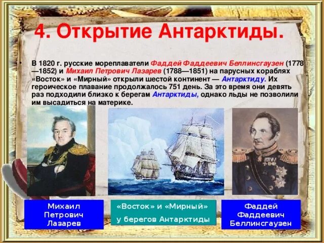 Как открыли антарктиду сообщение 7 класс география. Беллинсгаузен и Лазарев географические открытия. Беллинсгаузен и Лазарев открытие в географии. Сообщение про открывателей Беллинсгаузен и Лазарев.