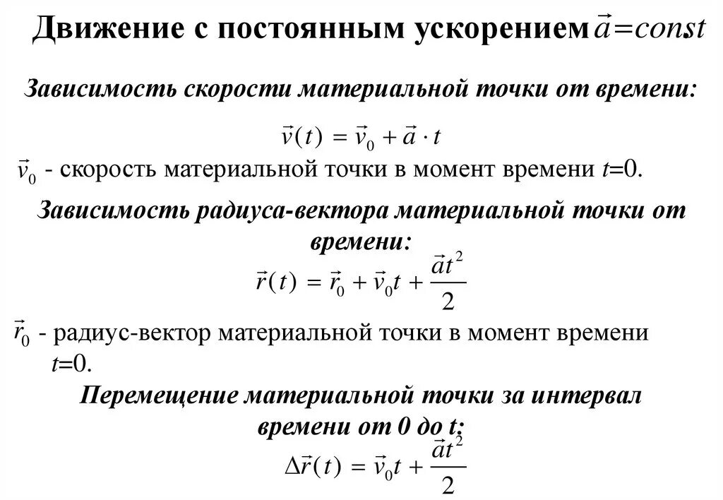 Движение с изменяющейся скоростью. Перемещение тела при движении с постоянным ускорением (формулы). Уравнение движения при постоянном ускорении. Уравнение скорости при движении с постоянным ускорением. Формула скорости тела при движение с постоянным ускорением.