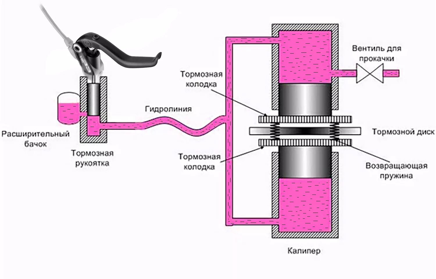 Гидравлический тормоз схема устройства. Схема работы гидравлического тормоза. Гидравлическая система тормозов велосипеда. Гидравлические тормоза велосипеда схема.