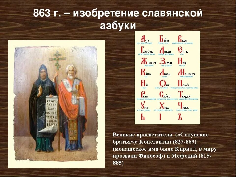 Стояла в конце кириллицы 5 букв. 863 Г создание братьями Кириллом и Мефодием славянской азбуки.