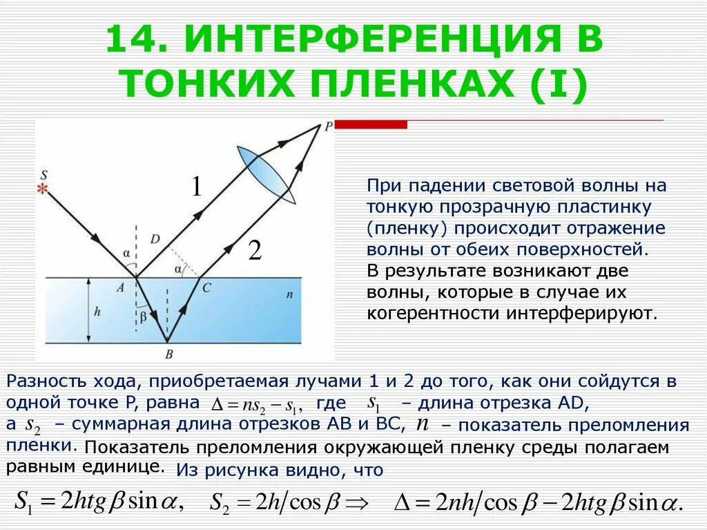 Интерференция света в тонких пластинках (пленках). Интерференция световых волн в тонких пленках. 2. Интерференция в тонких пленках (в отраженном и проходящем свете). Интерференция в тонких пленках формула. Когерентные источники света разность хода лучей