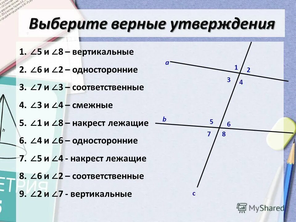 2 вертикальных. Смежные углы в параллельных прямых. Углы между параллельными прямыми и секущей. Параллельные прямые накрест лежащие.