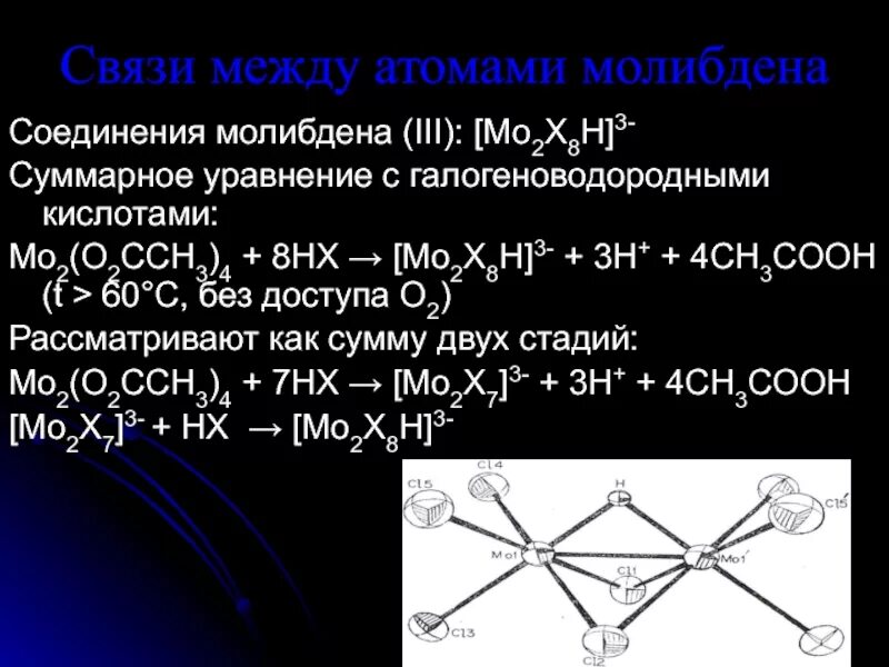 Связь между атомами металлов. Соединения молибдена. Комплексы молибдена. Комплексные соединения молибдена. Кластеры молибдена.