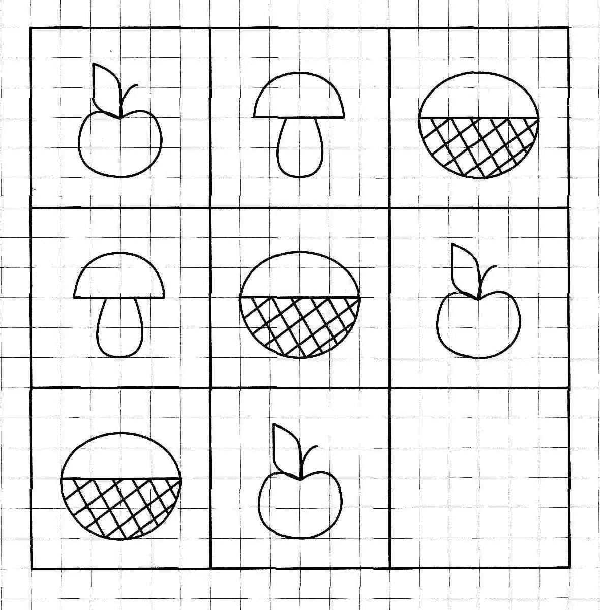 Математика в клетку подготовительной группе. Дорисуй недостающий предмет. Дорисовать закономерности для дошкольников. Дорисуй в клеточке недостающий предмет. Задания на логику для дошкольников закономерность.