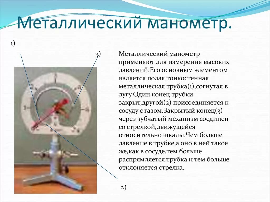 Металлический манометр физика 7 класс. Металлический манометр принцип. Принцип работы металлического манометра. Металлический манометр принцип действия.