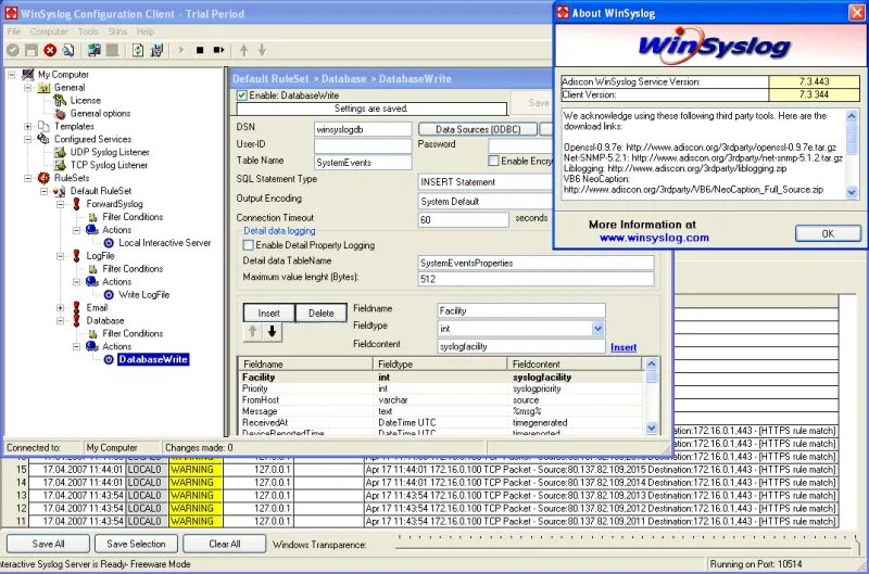 Logging configuration. WINSYSLOG. Syslog таблица. Windows Syslog. Event database.