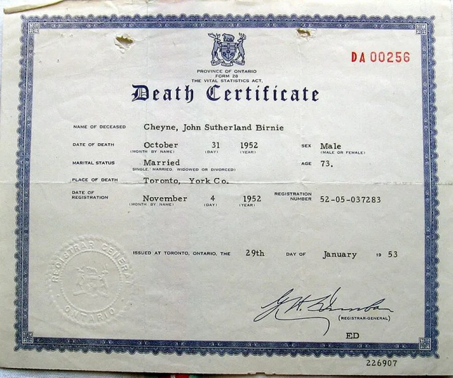 Death Certificate USA. Death Certificate in England. Death Certificate Ontario.