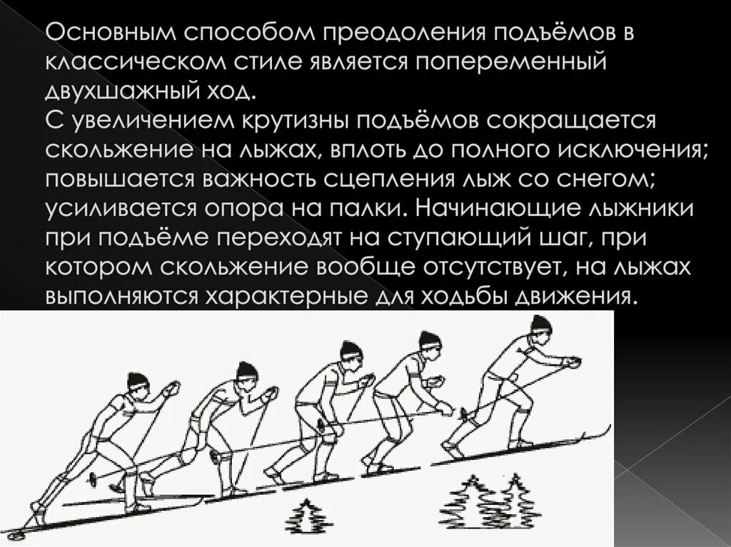 При подъеме на какие. Преодоление подъемов на лыжах. Способы преодоления подъемов на лыжах. Подъём попеременным двухшажном сходом. Способы подъемов и спусков на лыжах.