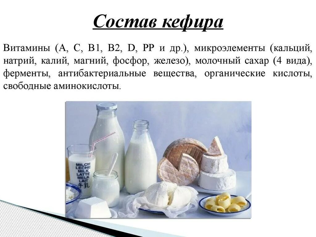 Кисломолочные продукты содержат сахар. Кефир состав продукта витамины. Полезные вещества в кефире. Сообщение о кефире. Полезные витамины в молочных продуктов.