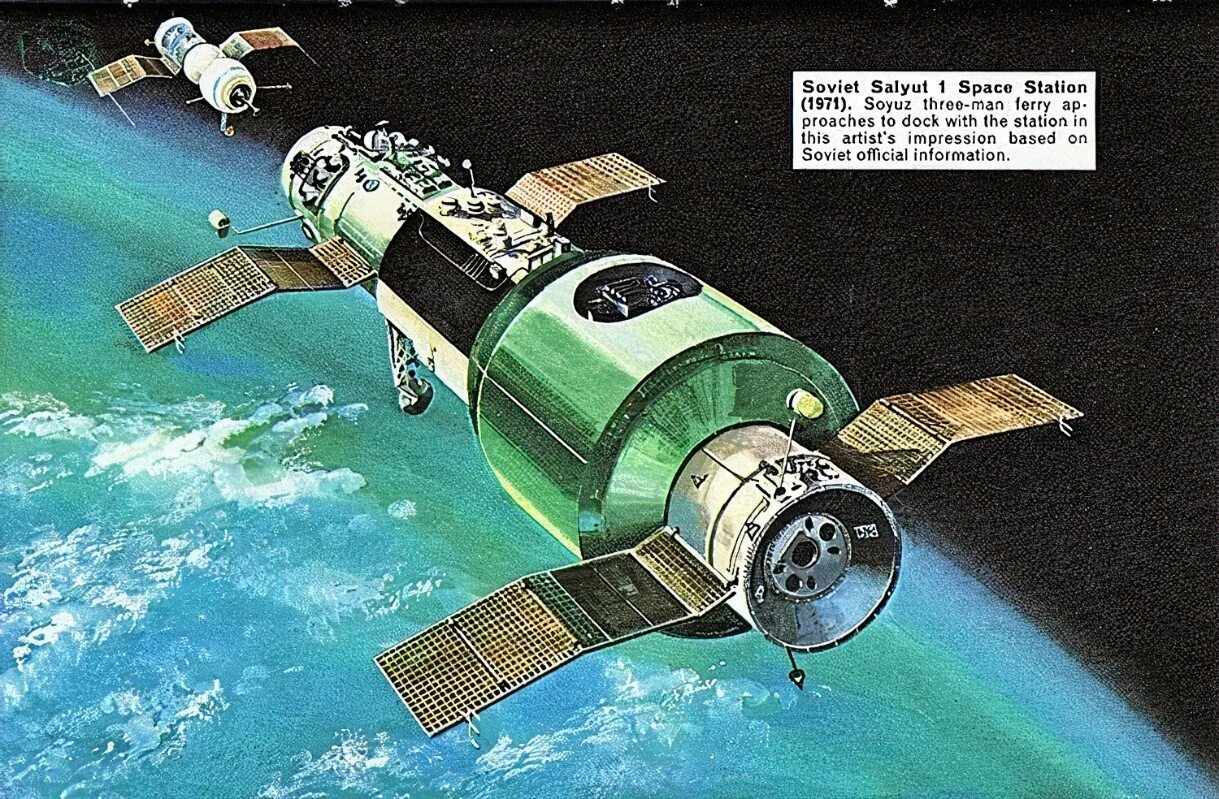 Первая космическая станция салют 1. Салют-1 первая орбитальная станция. Советская орбитальная Космическая станция салют. Космическая станция салют 1971. Первая орбитальная станция салют 1971.