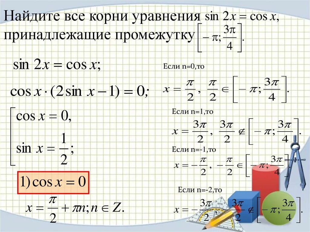 Cos вычислим корни cos. Найдите корни уравнения принадлежащие промежутку. Корни уравнения принадлежащие промежутку. Найти корни уравнения принадлежащие интервалу.