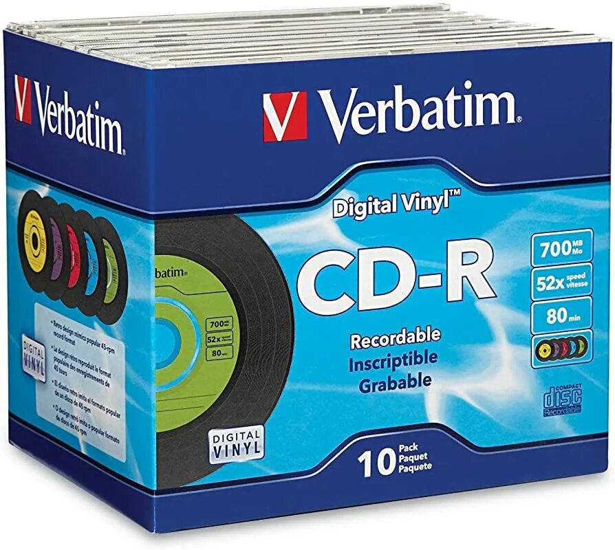 Болванки CD-R Verbatim. Verbatim CD-R Vinyl. Verbatim Music CD-R 10pk JC. Упаковка дисков CD-R Verbatim Printable 52х 700 MB,10 шт. Jewel Case.