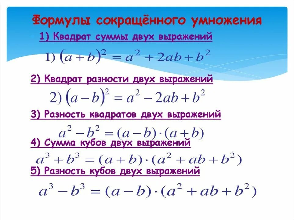 Формула семь. Формулы сокращения Алгебра 7 класс. Формулы сокращённого умножения по алгебре 5 формул. Формулы сокращенного умножения 7 класс Алгебра. Название формул в алгебре 7 класс.