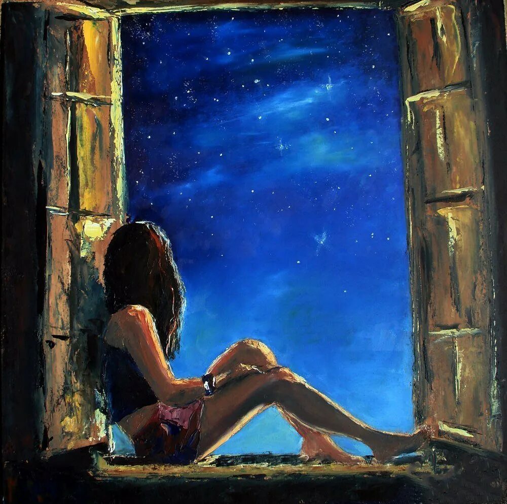 В окно смотрела луна. Одиночество живопись. Ночь одиночество живопись. Девушка сидит у окна ночью. Девушка ночью у окна.