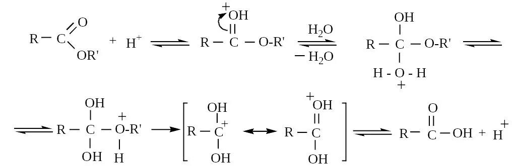 Водный гидролиз эфиров. Кислотный гидролиз сложных эфиров механизм. Механизм реакции гидролиза сложных эфиров. Механизм гидролиза сложных эфиров в кислой среде. Кислотный гидролиз эфиров механизм.