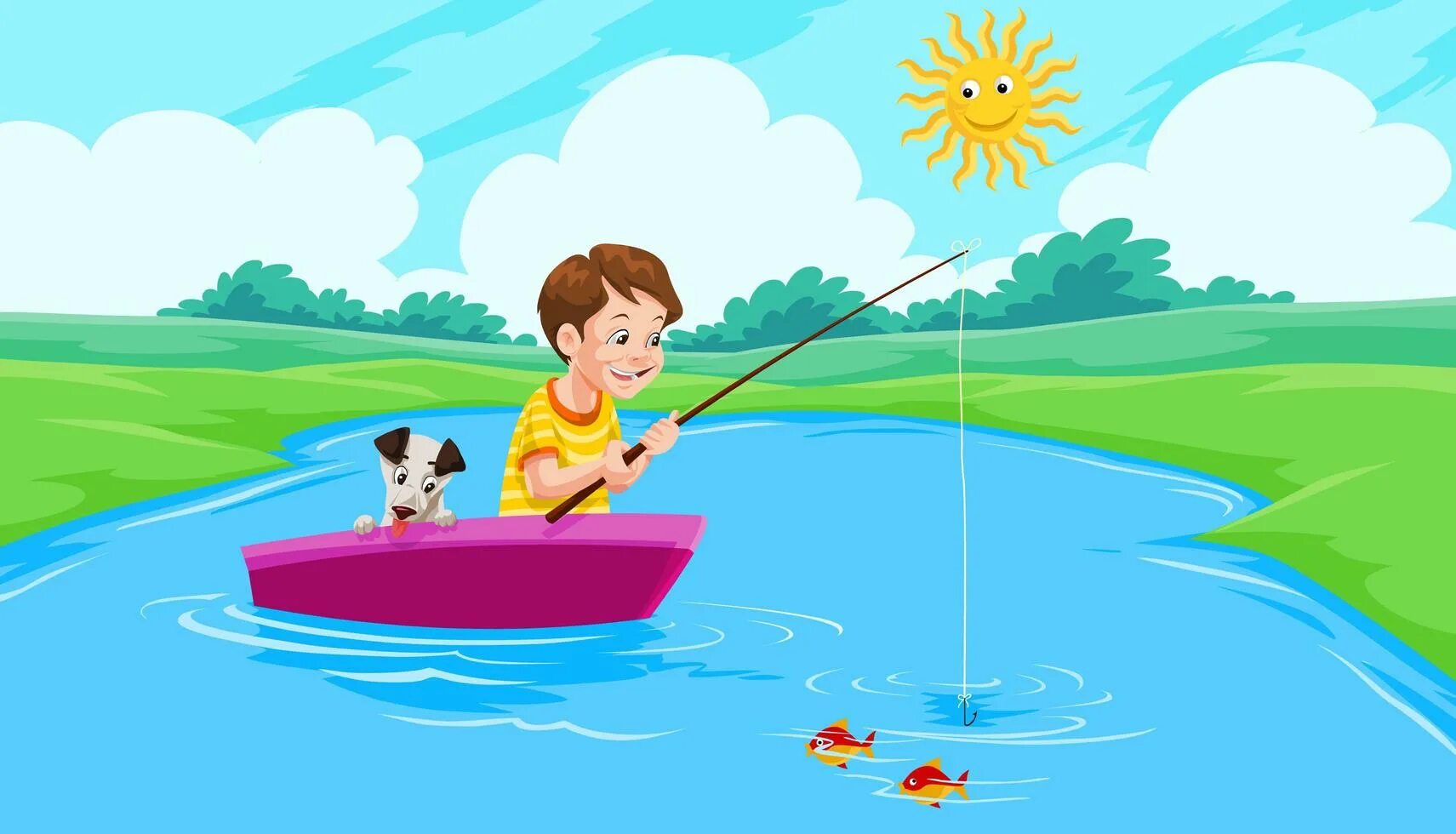 Мальчик ловил рыбу на реке. Дети рыбачат на реке. Рыбалка картинки для детей. Мальчик ловит рыбу. Озеро мультяшное.